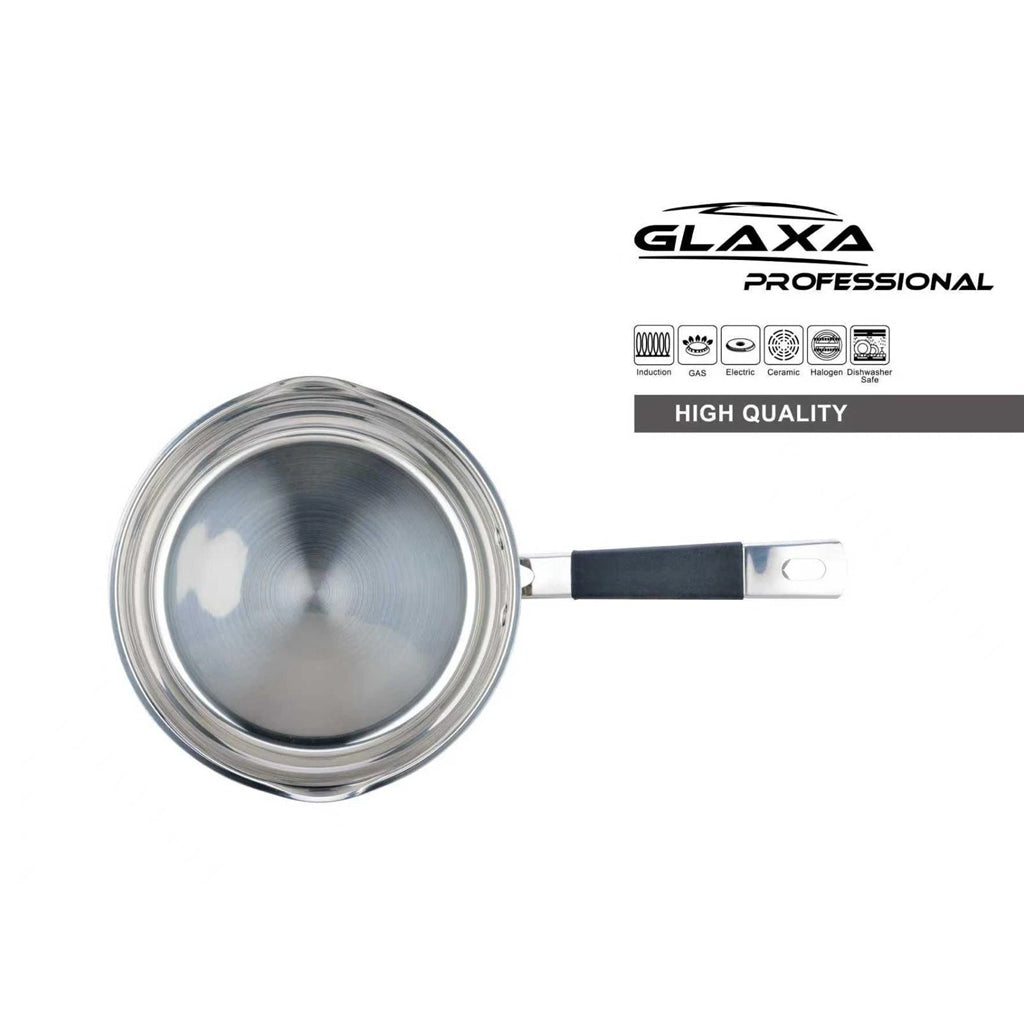 Glaxa Professional Stainless Steel Milk Pan 16cm Induction Saucepan with Double Pour Spouts & Soft Grip Handle