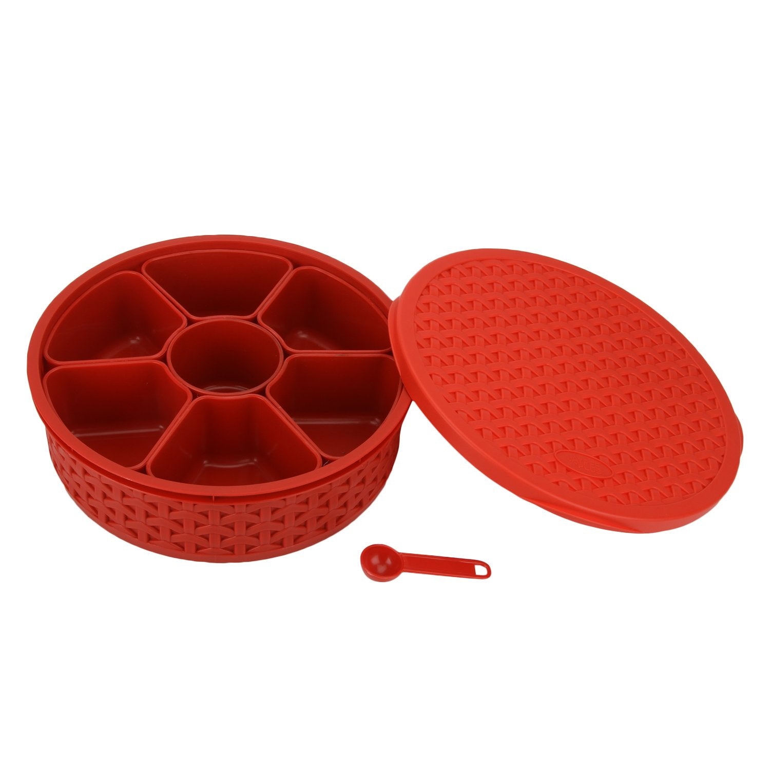 Jaypee Plus Airtight Masala Dabba – 7 Compartment Spice Box with Spoon | BPA-Free Plastic Kitchen Organizer (Red, 1.2L)