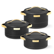 Set of three black containers with gold accents on a white background