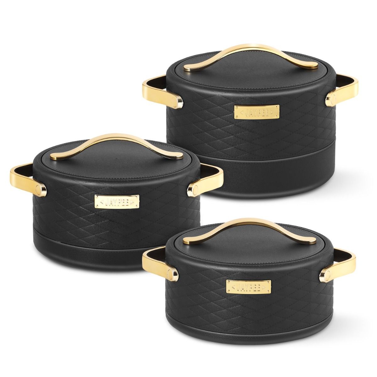Set of three black containers with gold accents on a white background