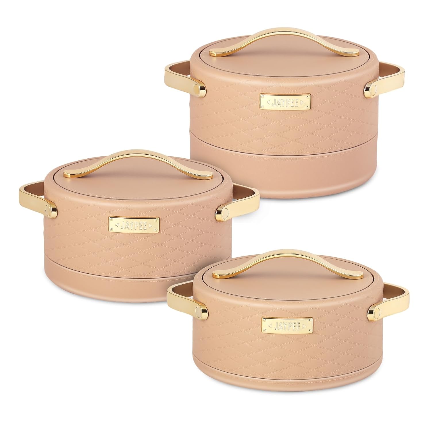 Jaypee Luxura brown insulated stainless steel casserole set of 3 with lockable lids for hot food serving