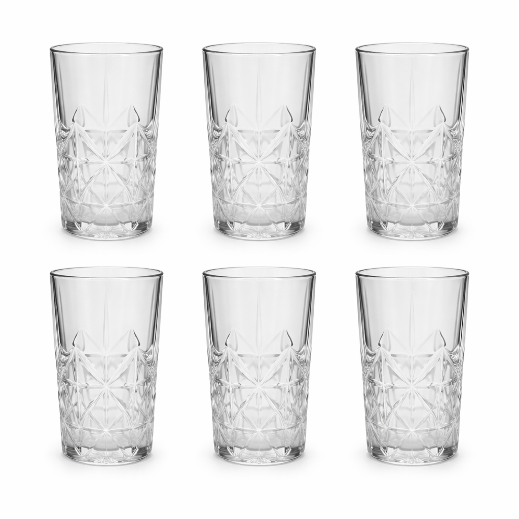 Cut Glass Highball Tumbler Glasses Set of 6 – 360 ml Crystal Pattern Drinkware