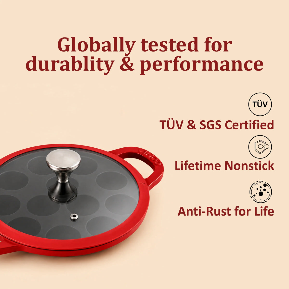Vinod Cast Iron Freya Appam Pan 22 cm – Ruby Red – TREON Titanium Enamel