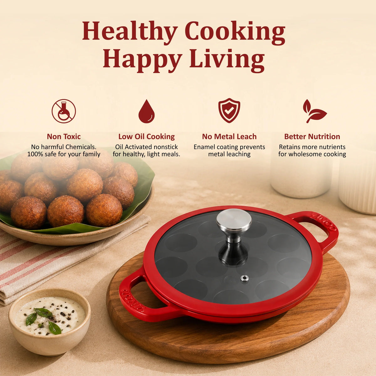 Vinod Cast Iron Freya Appam Pan 22 cm – Ruby Red – TREON Titanium Enamel