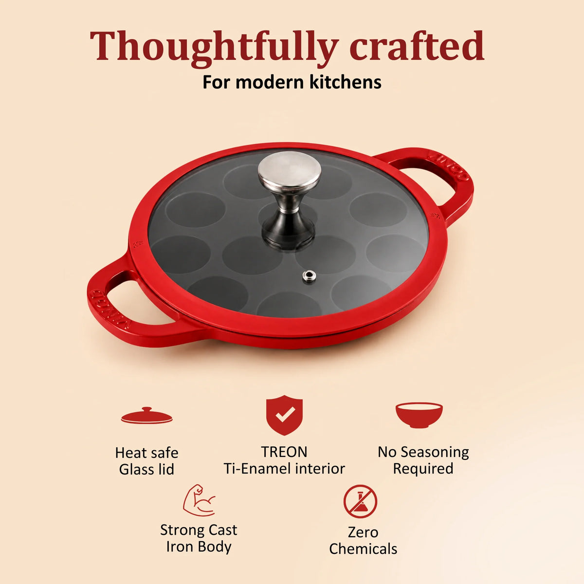 Vinod Cast Iron Freya Appam Pan 22 cm – Ruby Red – TREON Titanium Enamel