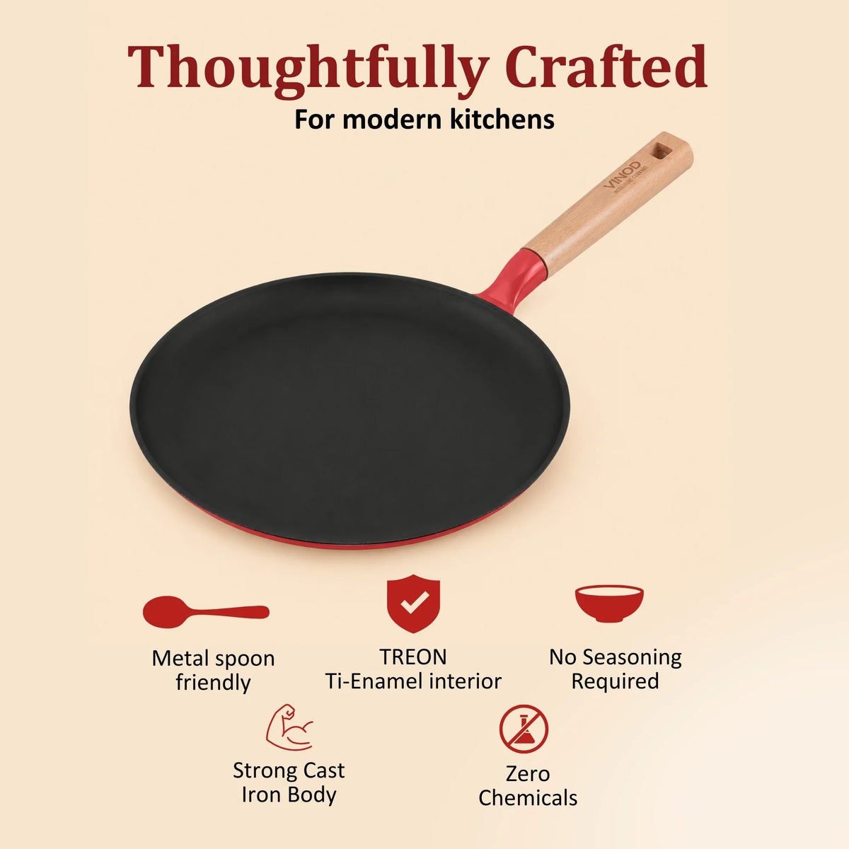 Vinod Cast Iron Freya Dosa Tawa 28 cm – Ruby Red – Titanium Enamel – Induction Friendly