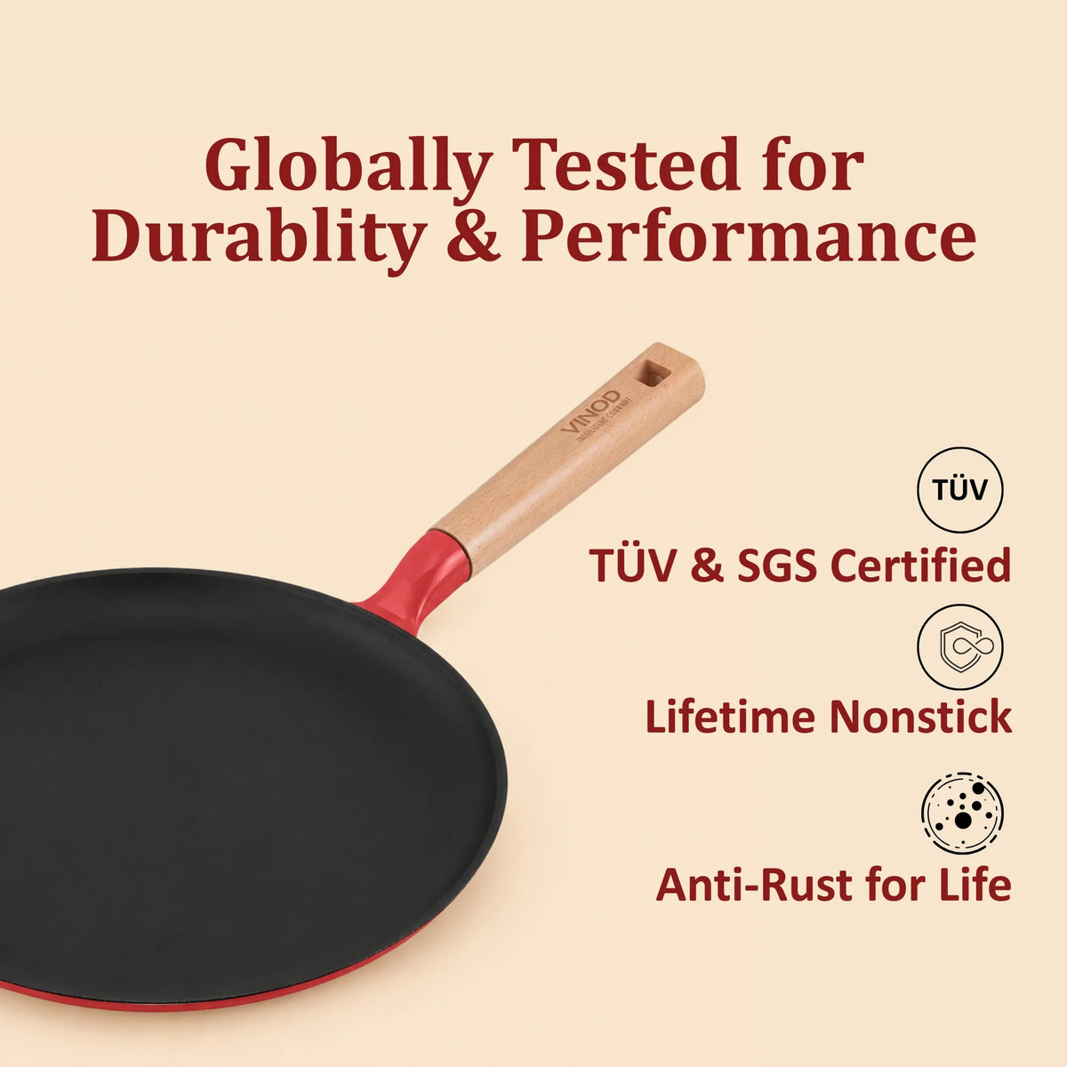Vinod Cast Iron Freya Dosa Tawa 28 cm – Ruby Red – Titanium Enamel – Induction Friendly