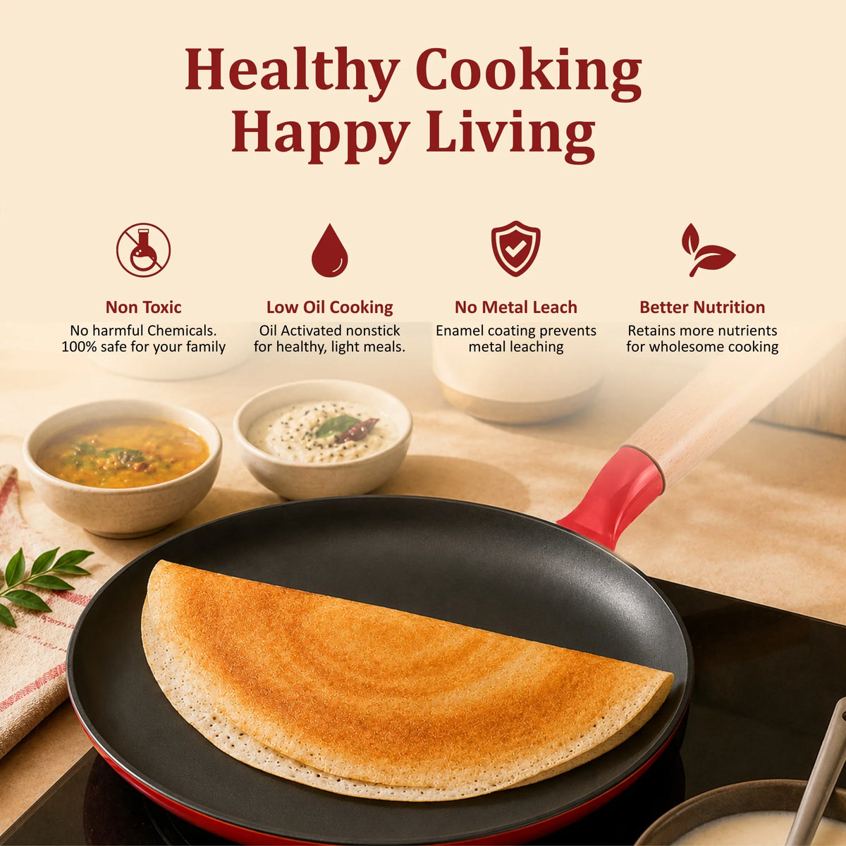 Vinod Cast Iron Freya Dosa Tawa 28 cm – Ruby Red – Titanium Enamel – Induction Friendly