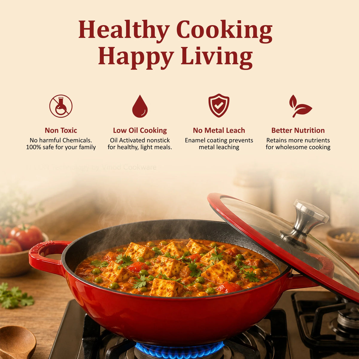 Vinod Cast Iron Freya Kadai 22 cm - 1.9 L – Ruby Red – TREON Ti-Enamel – Induction Compatible – Glass Lid