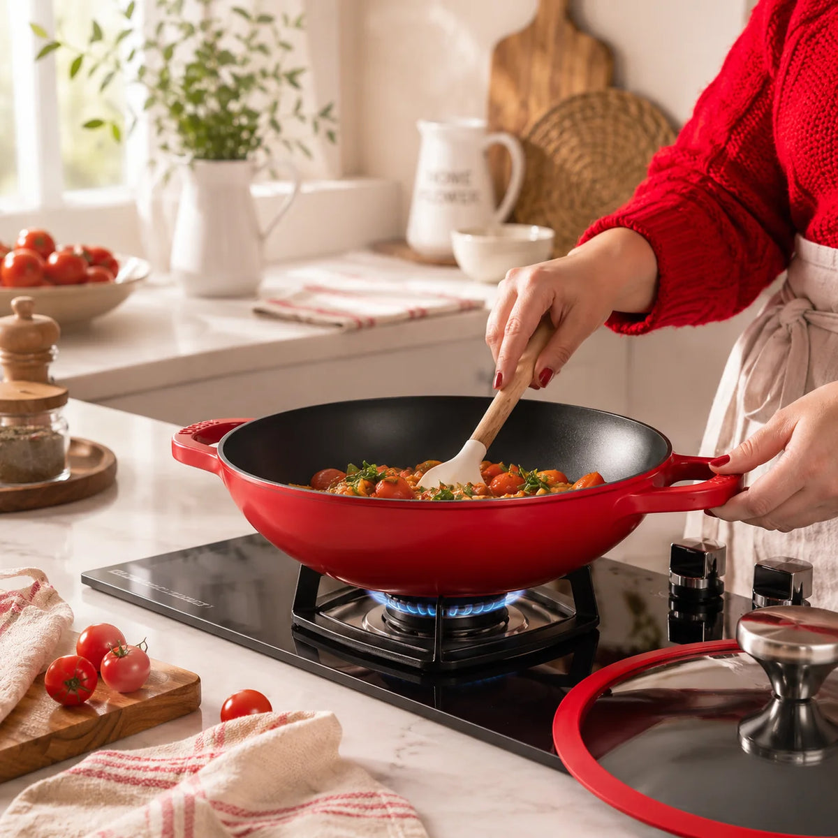 Vinod Cast Iron Freya Kadai 22 cm - 1.9 L – Ruby Red – TREON Ti-Enamel – Induction Compatible – Glass Lid