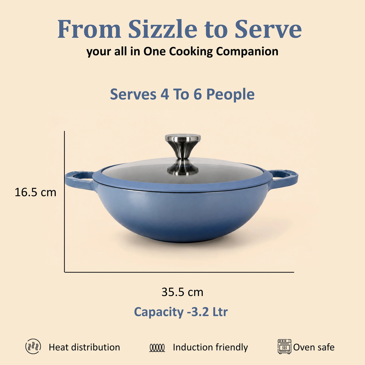 Vinod Cast Iron Freya Kadai 22 cm – 1.9 L – Sapphire Blue – TREON Ti-Enamel – Induction Compatible – Glass Lid
