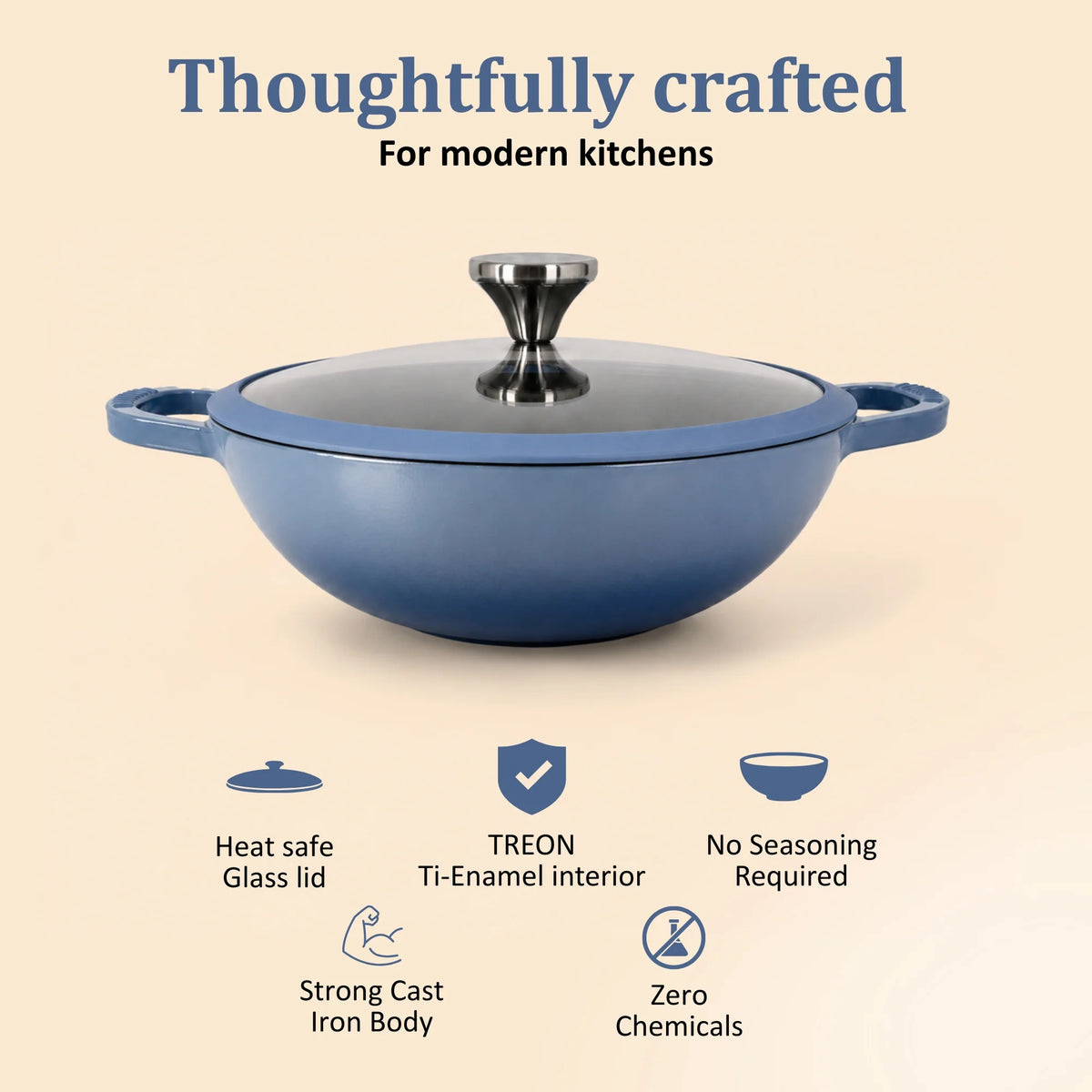 Vinod Cast Iron Freya Kadai 22 cm – 1.9 L – Sapphire Blue – TREON Ti-Enamel – Induction Compatible – Glass Lid