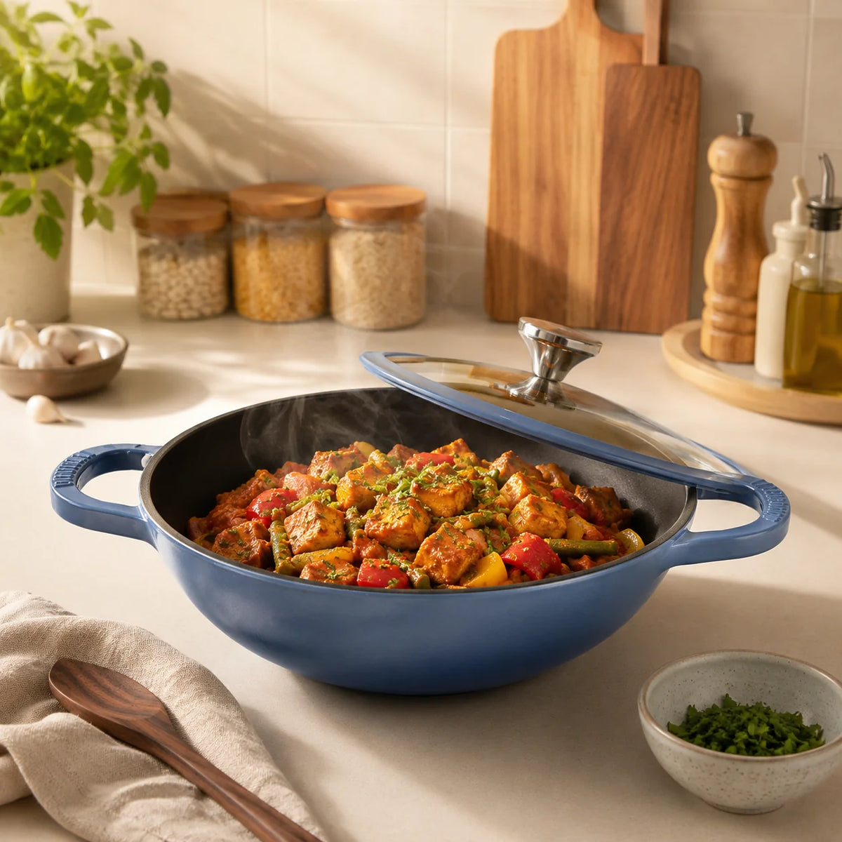 Vinod Cast Iron Freya Kadai 22 cm – 1.9 L – Sapphire Blue – TREON Ti-Enamel – Induction Compatible – Glass Lid