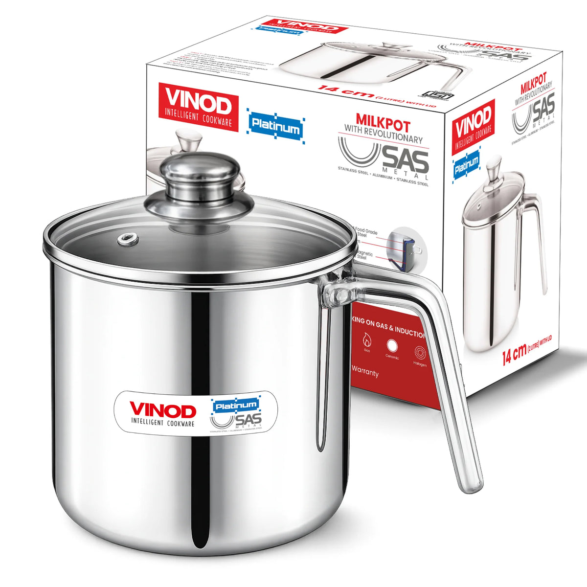 Vinod Platinum Triply Milk Pot 2 Litre 14 cm with Glass Lid – SAS Metal – Induction Friendly