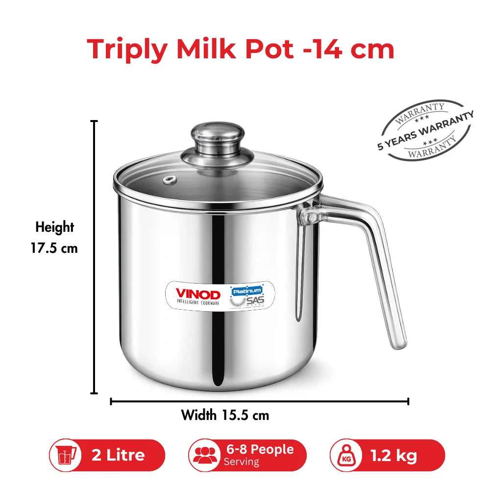 Vinod Platinum Triply Milk Pot 2 Litre 14 cm with Glass Lid – SAS Metal – Induction Friendly