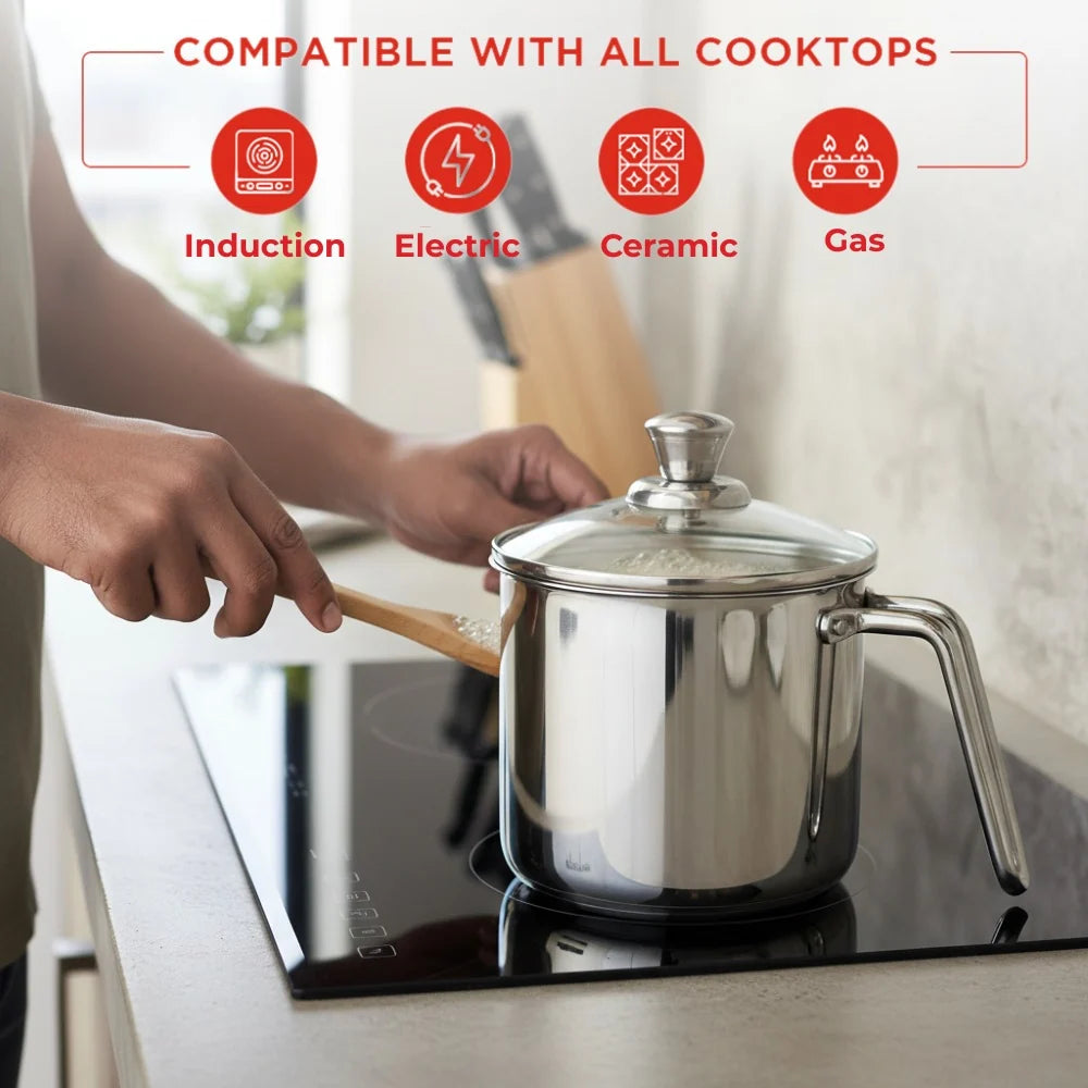 Vinod Platinum Triply Milk Pot 2 Litre 14 cm with Glass Lid – SAS Metal – Induction Friendly