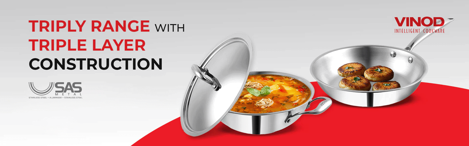 SAS and Vinod cookware with food on a red and gray background