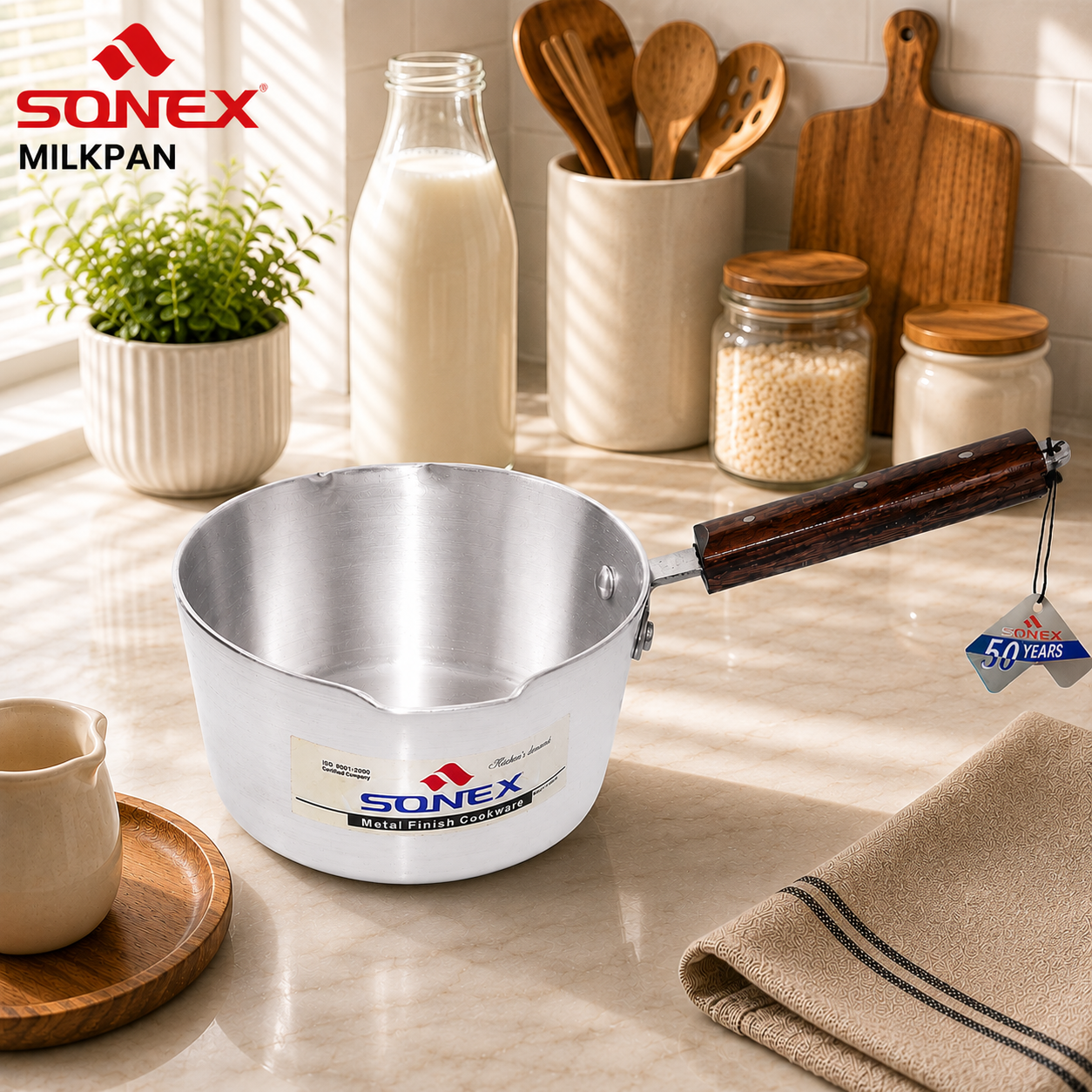 Sonex 2.5L Heavy Duty Aluminium Milk Pan with Wooden Handle – Large Tea Saucepan & Milk Boiler for Gas & Electric Hobs
