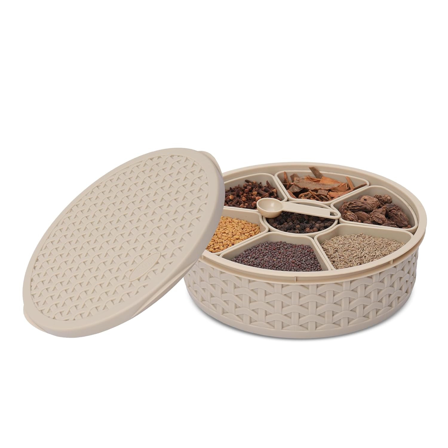 Round spice container with woven lid and compartments filled with various spices on a white background