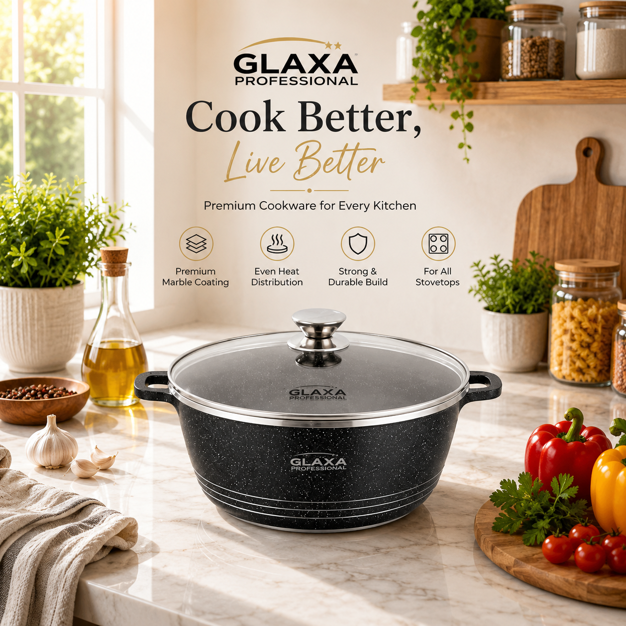 Glaxa Professional 20cm Non-Stick Stockpot with Glass Lid Red Die-Cast Aluminium Casserole Pot Induction Compatible Cooking Pot