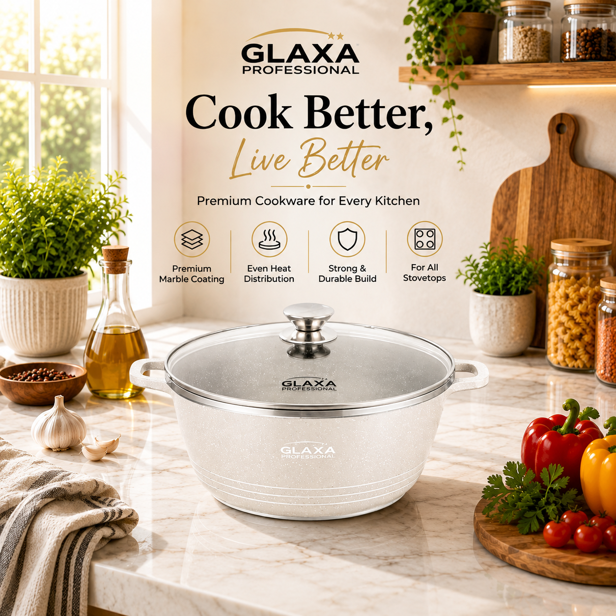 Glaxa Professional 20cm Non-Stick Stockpot with Glass Lid Red Die-Cast Aluminium Casserole Pot Induction Compatible Cooking Pot