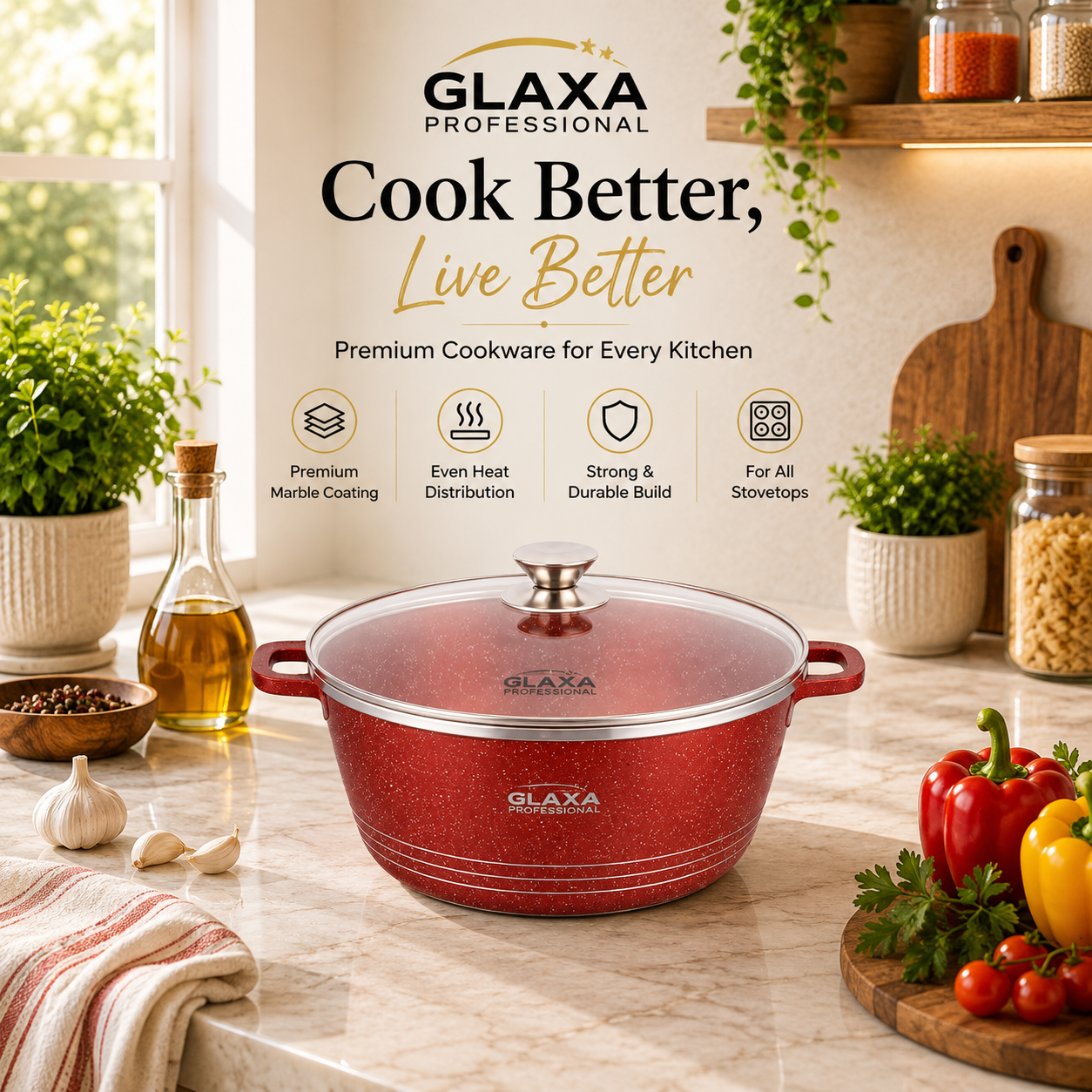 Glaxa Professional 20cm Non-Stick Stockpot with Glass Lid Red Die-Cast Aluminium Casserole Pot Induction Compatible Cooking Pot