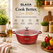 Glaxa Professional 20cm Non-Stick Stockpot with Glass Lid Red Die-Cast Aluminium Casserole Pot Induction Compatible Cooking Pot