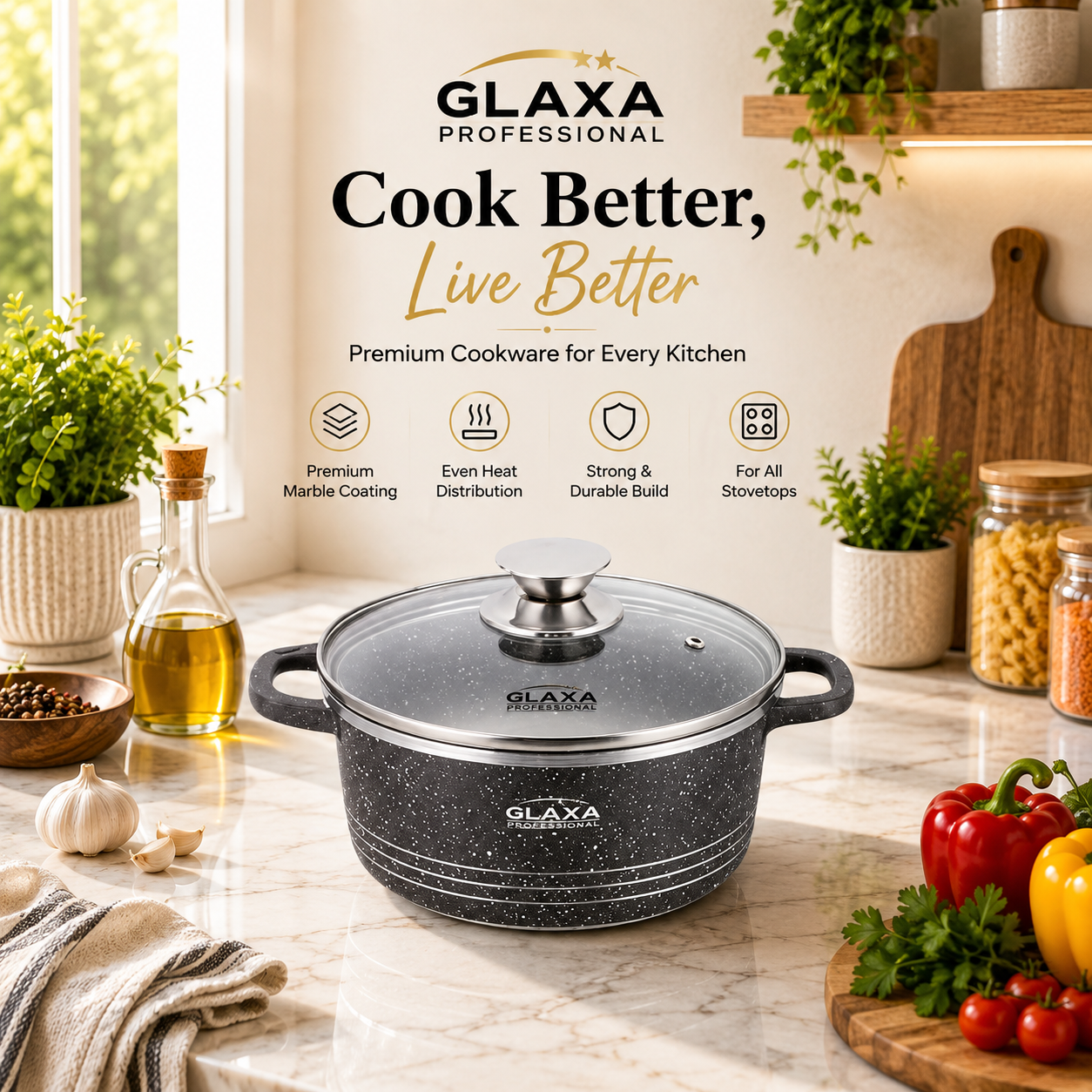 Glaxa Professional 30cm Non-Stick Stockpot with Glass Lid Silver Die-Cast Aluminium Casserole Pot Induction Compatible Cooking Pot