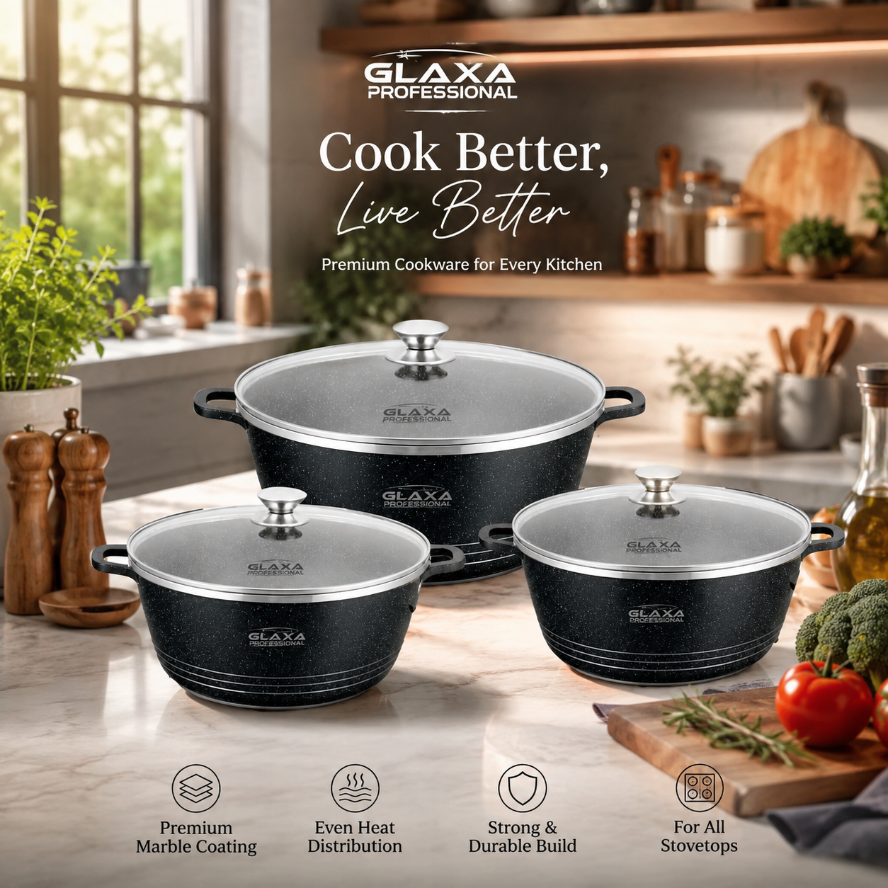 Glaxa 3pc Marble Coated Non-Stick Cookware Set – 20, 24, 28cm Induction Stockpots with Lids