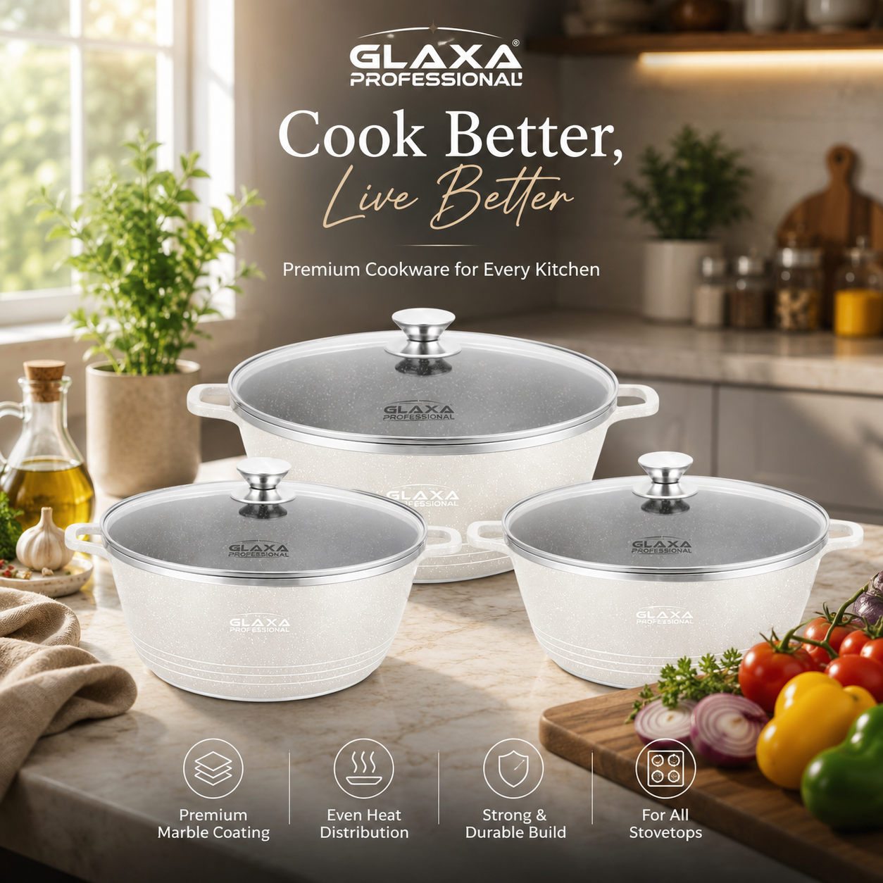 Glaxa 3pc Cream Marble Coated Non-Stick Cookware Set – 20, 24, 28 cm Induction Stockpots with Lids