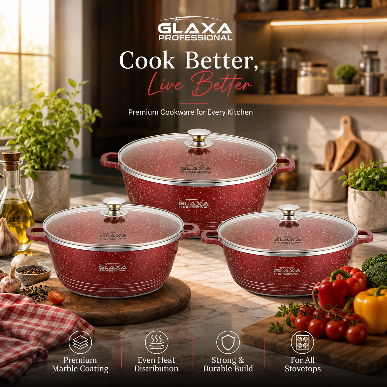 Glaxa 3pc Red Marble Coated Non-Stick Cookware Set – 20, 24, 28 cm Induction Stockpots with Lids
