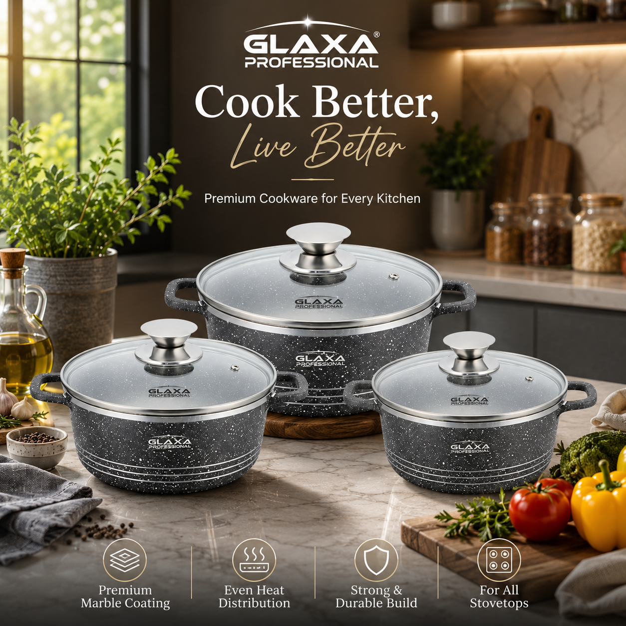 Glaxa 3pc Silver Marble Coated Non-Stick Cookware Set – 20, 24, 28 cm Induction Stockpots with Lids