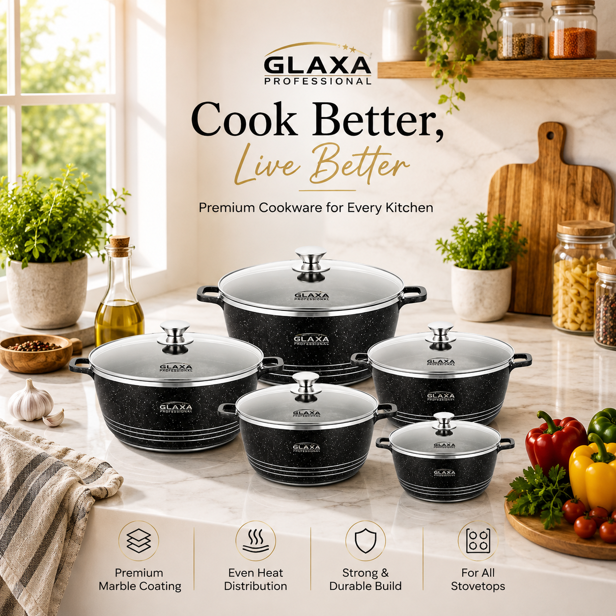 Glaxa 5pc Black Marble Coated Non-Stick Cookware Set – 20, 24, 28, 30 & 32 cm Induction Stockpots with Lids