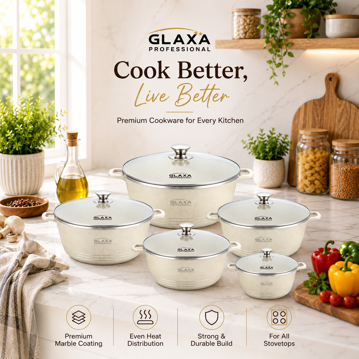 Glaxa 5pc Cream Marble Coated Non-Stick Cookware Set – 20, 24, 28, 30 & 32 cm Induction Stockpots with Lids