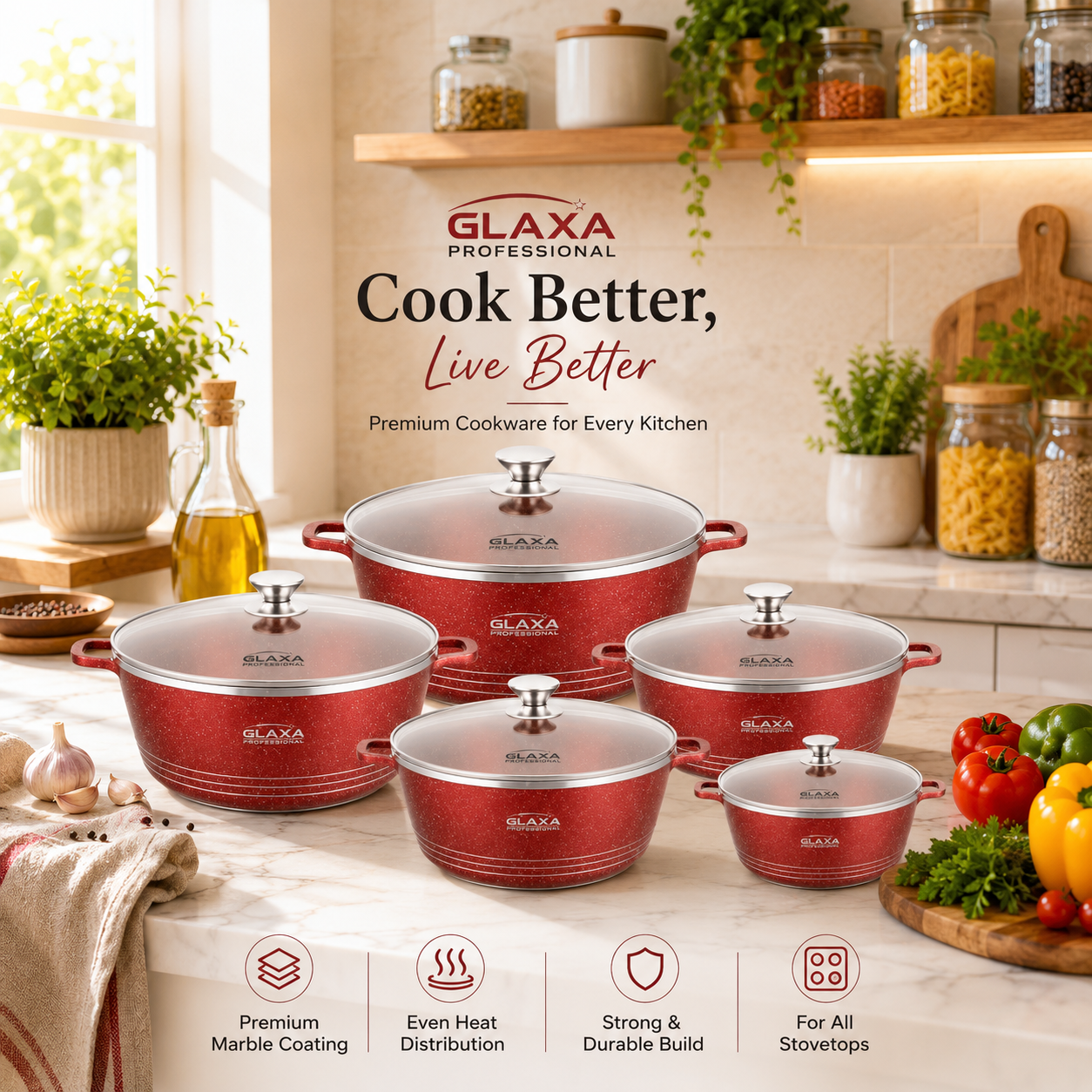Glaxa 5pc Red Marble Coated Non-Stick Cookware Set – 20, 24, 28, 30 & 32 cm Induction Stockpots with Lids