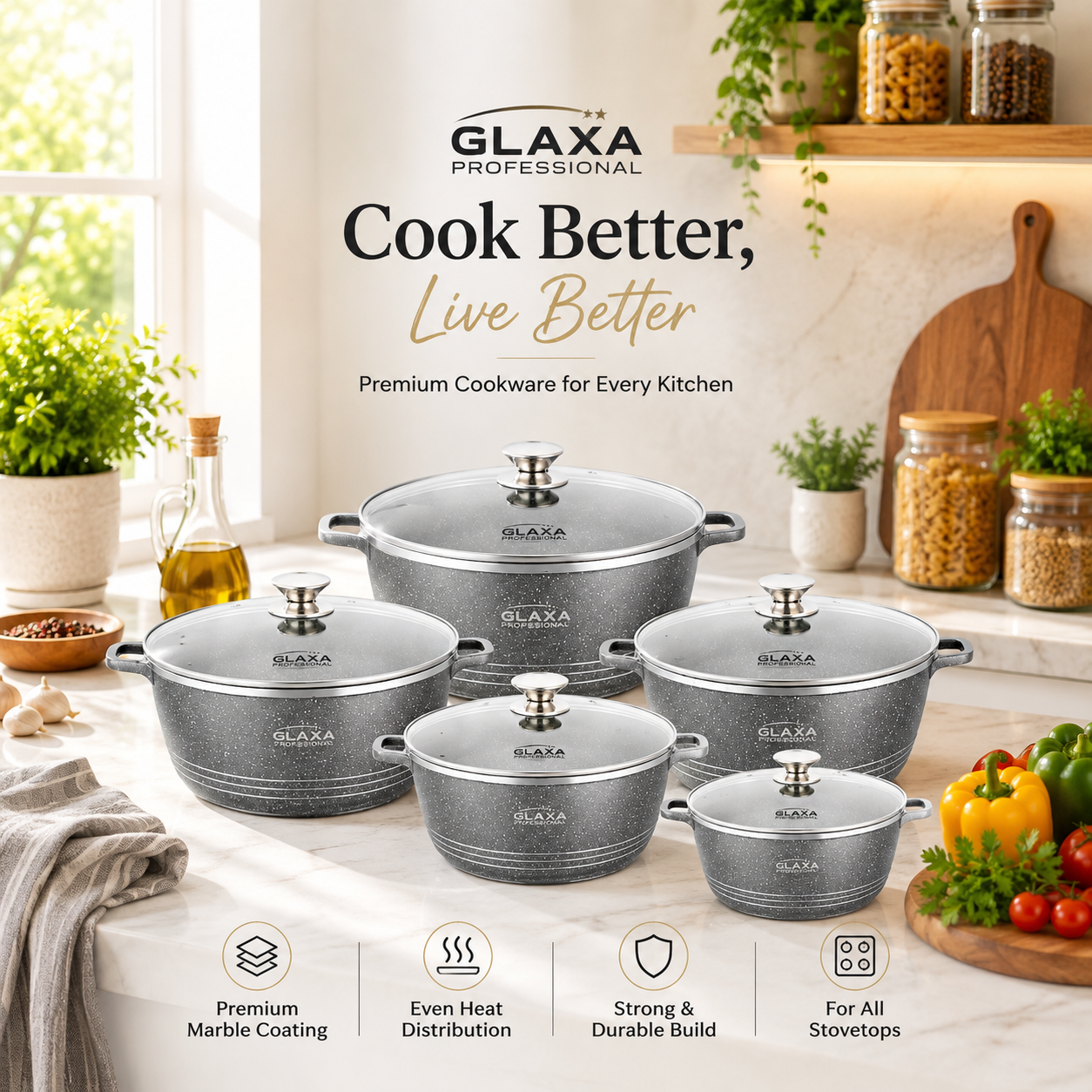 Glaxa 5pc Silver Marble Coated Non-Stick Cookware Set – 20, 24, 28, 30 & 32 cm Induction Stockpots with Lids