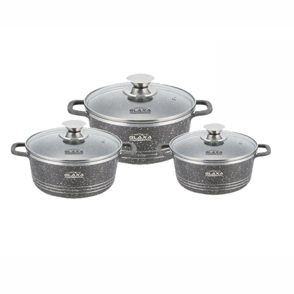 Glaxa 3pc Silver Marble Coated Non-Stick Cookware Set – 20, 24, 28 cm Induction Stockpots with Lids