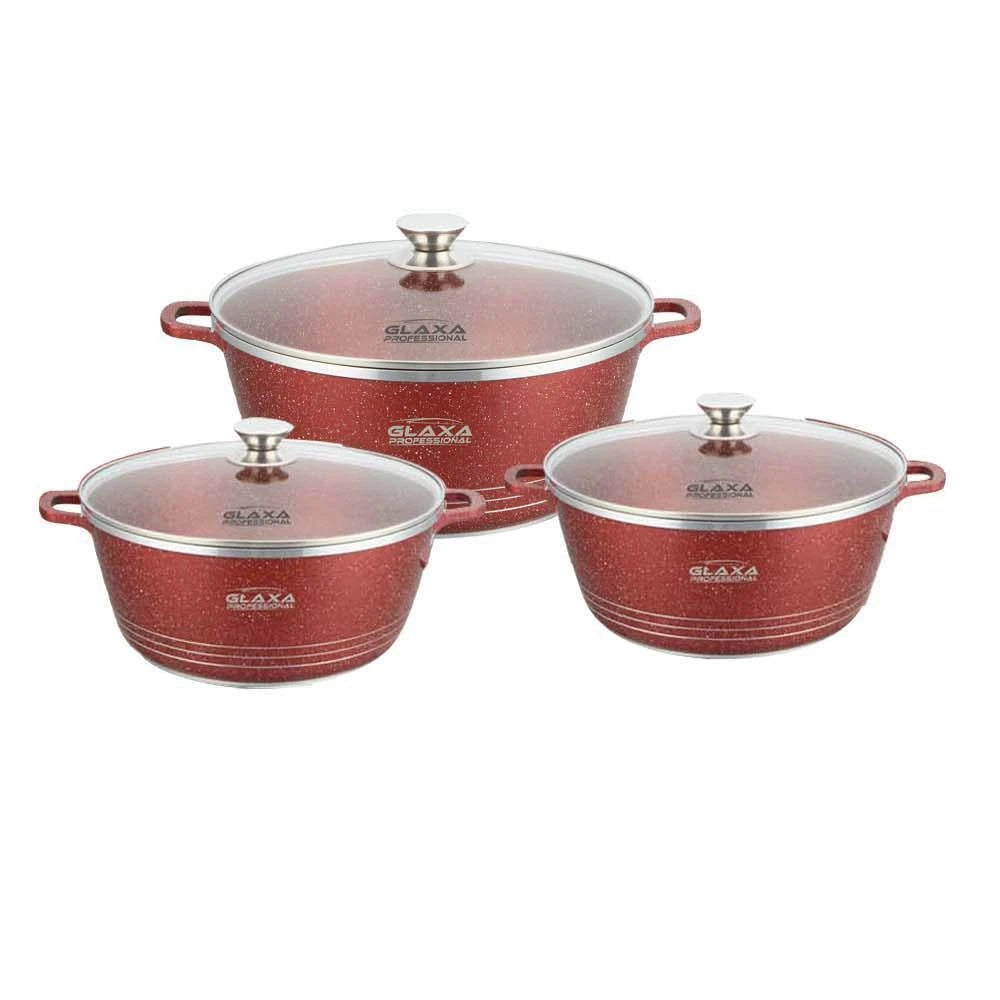 Set of red cookware with lids on a white background, featuring the Glaxa Professional brand.