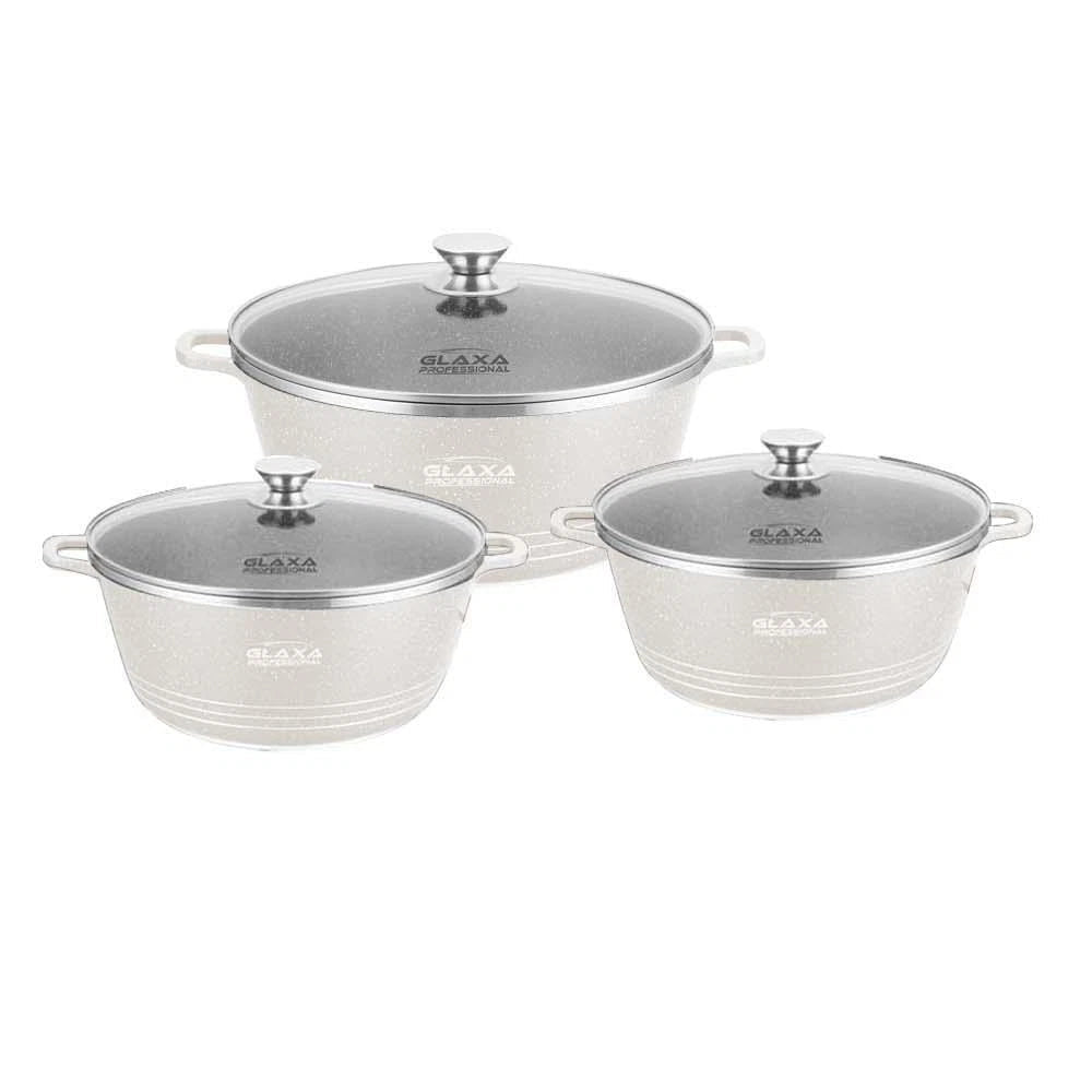 Set of four stainless steel cookware with lids on a white background, featuring the Glaxa Professional brand.
