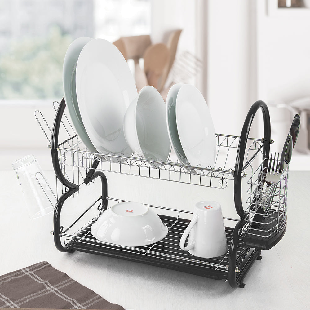 Double Tier Dish Rack for Plates, Bowls, Cups, and Cutlery