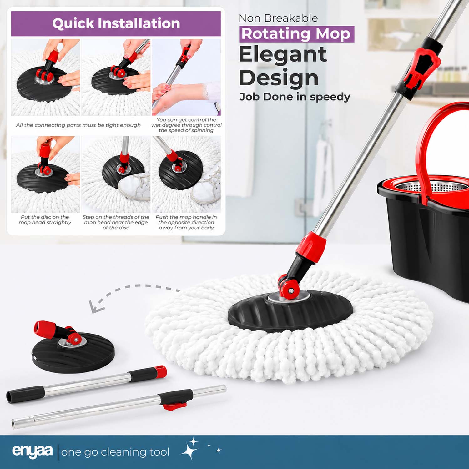 Enyaa Spin Mop & Bucket Set with 4 Microfibre Mop Heads Telescopic Handle Floor Cleaning System