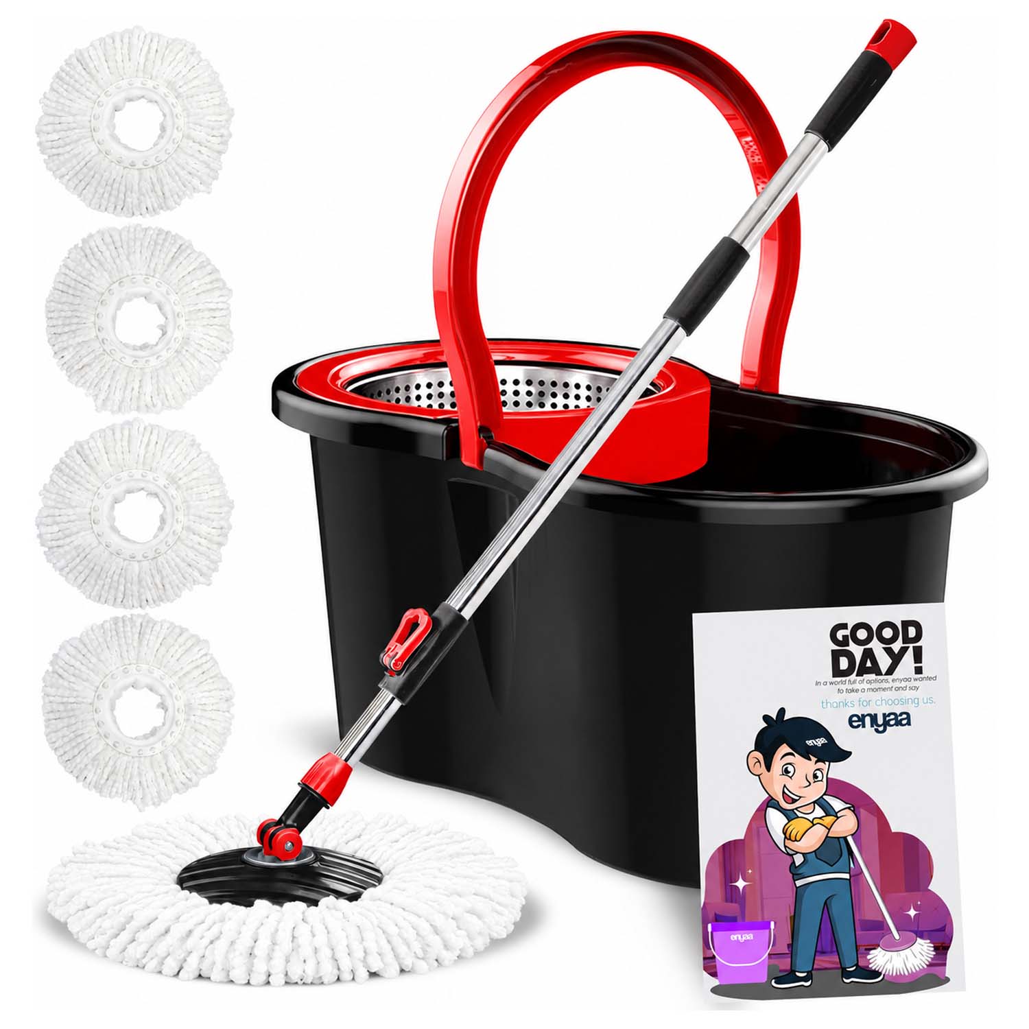 Enyaa Spin Mop & Bucket Set with 4 Microfibre Mop Heads Telescopic Handle Floor Cleaning System