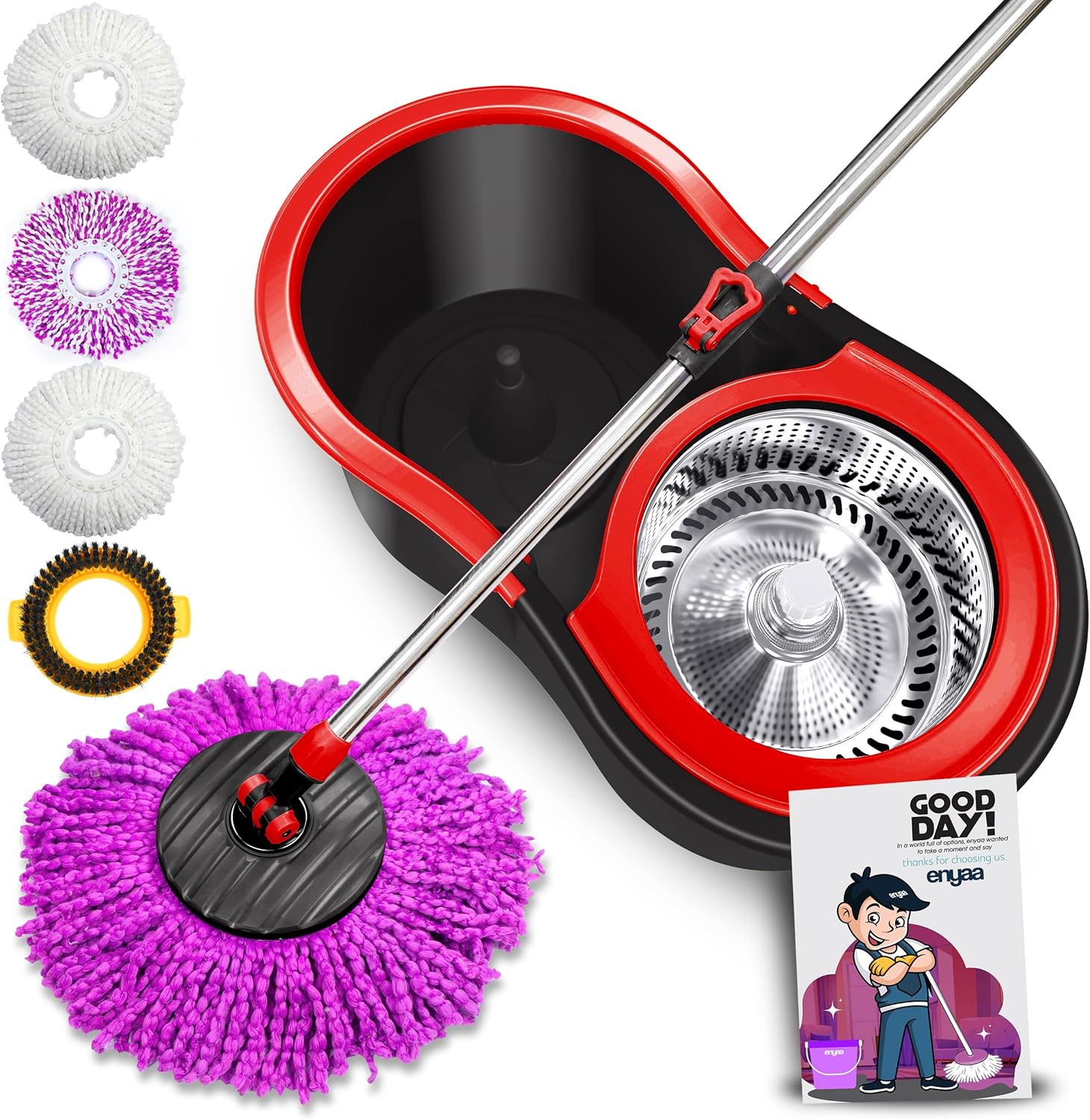 Enyaa Spin Mop & Bucket Set with 4 Microfibre Mop Heads Telescopic Handle Floor Cleaning System