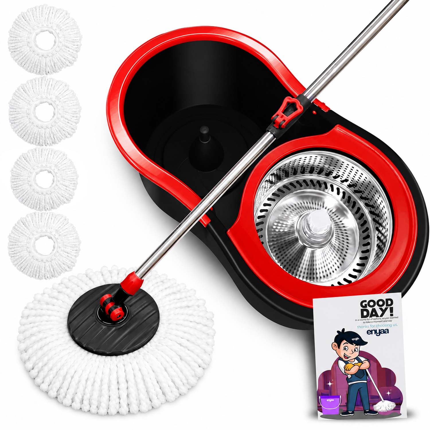 Enyaa Spin Mop & Bucket Set with 4 Microfibre Mop Heads Telescopic Handle Floor Cleaning System