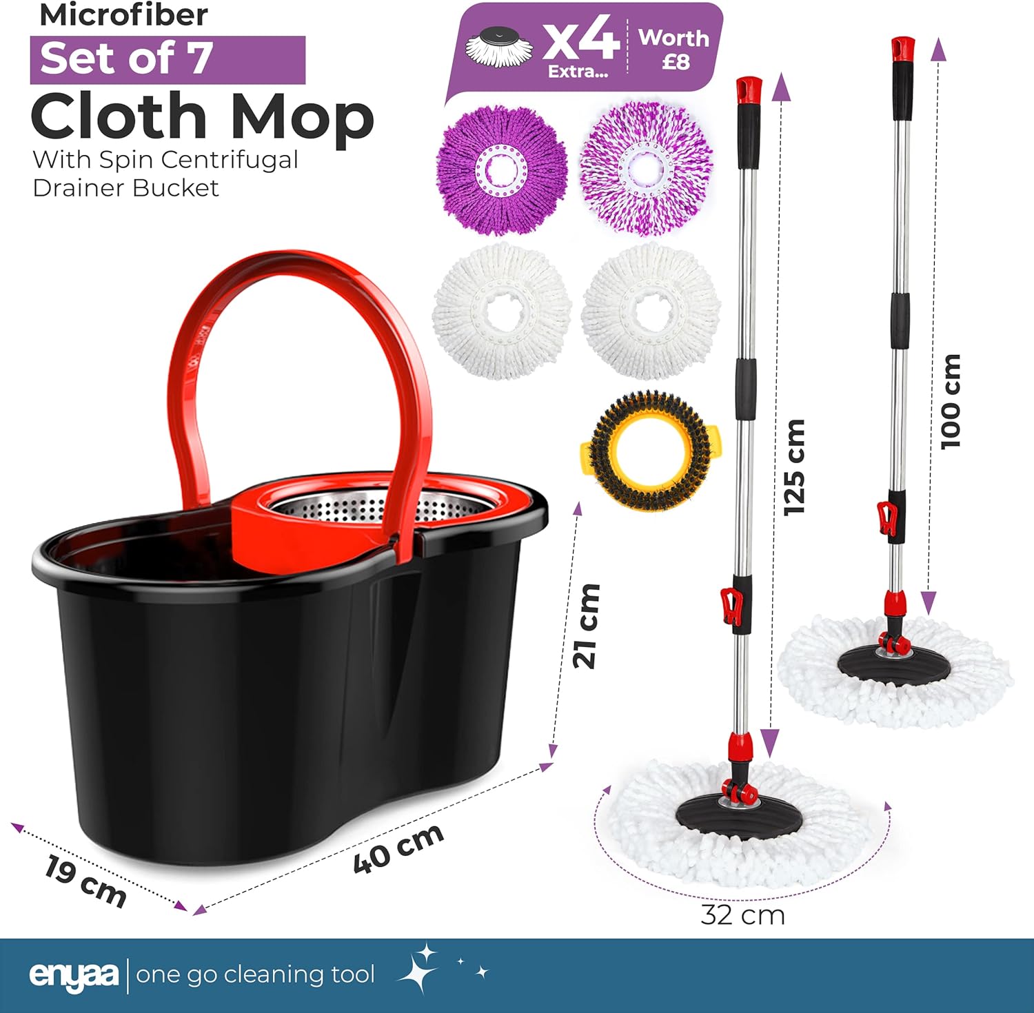 Enyaa Spin Mop & Bucket Set with 4 Microfibre Mop Heads Telescopic Handle Floor Cleaning System