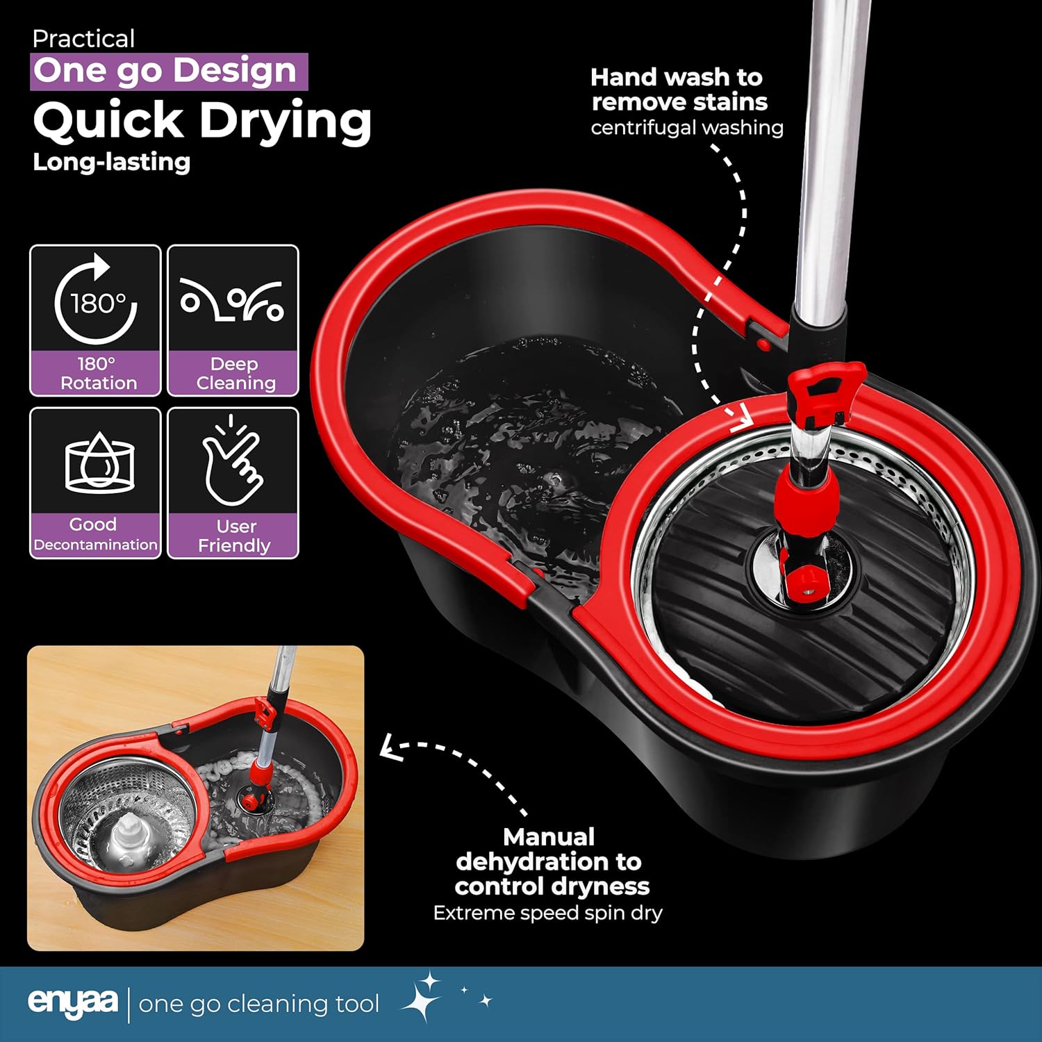 Enyaa Spin Mop & Bucket Set with 4 Microfibre Mop Heads Telescopic Handle Floor Cleaning System