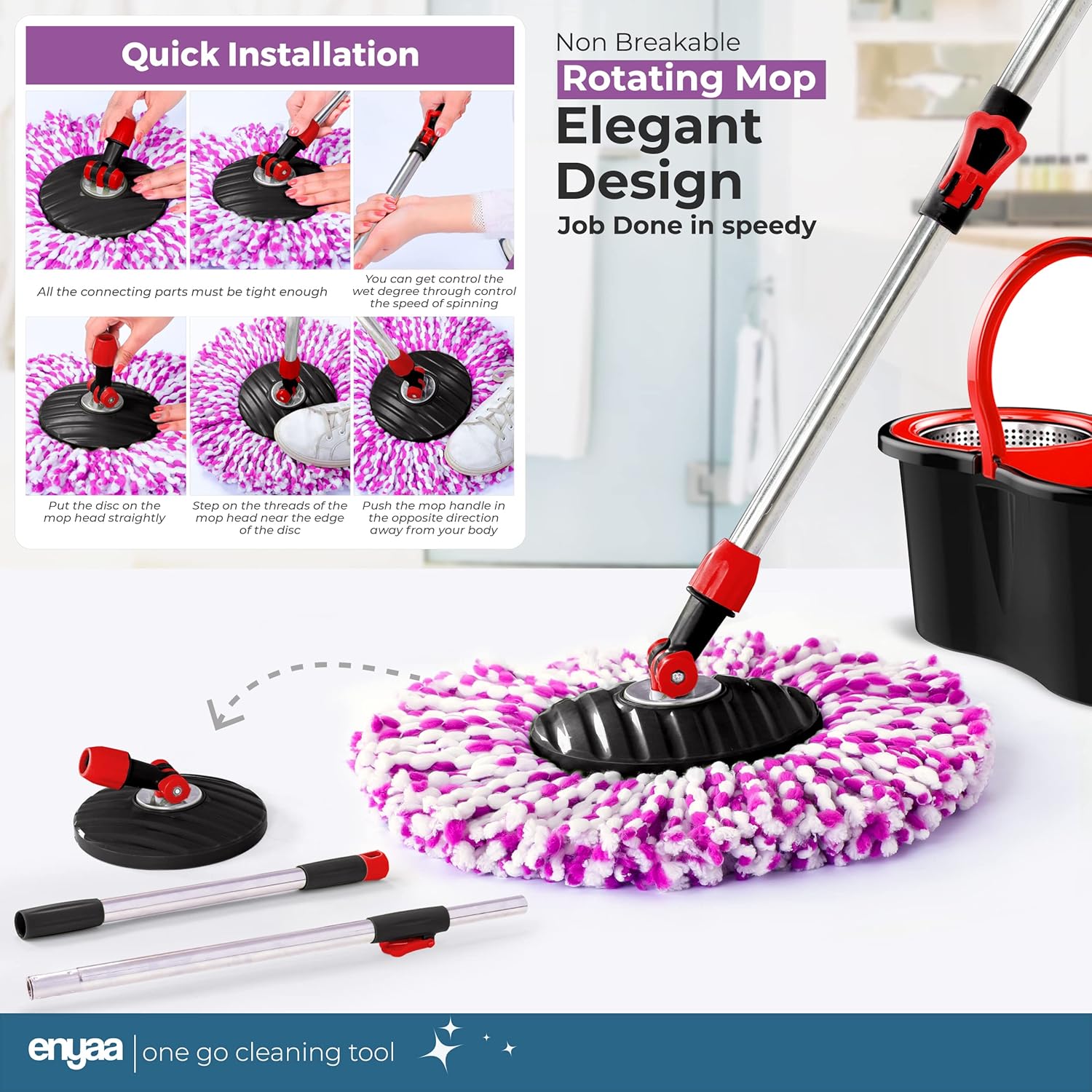 Enyaa Spin Mop & Bucket Set with 4 Microfibre Mop Heads Telescopic Handle Floor Cleaning System