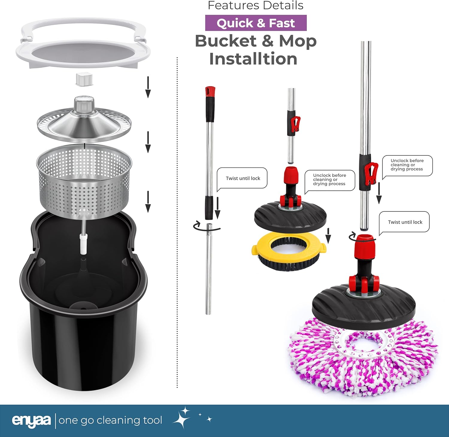 Enyaa Spin Mop & Bucket Set with 4 Microfibre Mop Heads Telescopic Handle Floor Cleaning System