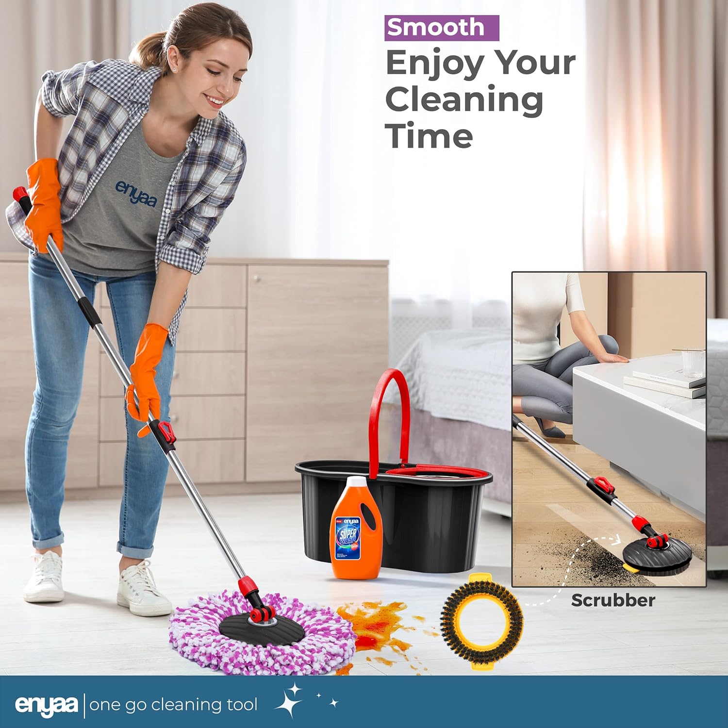 Enyaa Spin Mop & Bucket Set with 4 Microfibre Mop Heads Telescopic Handle Floor Cleaning System