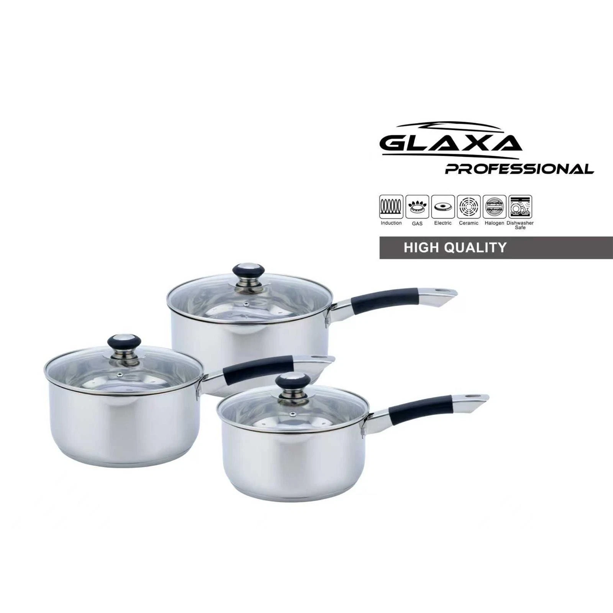 Glaxa Professional 3 Piece Stainless Steel Saucepan Set with Glass Lids Induction Cooking Pots 16cm 18cm 20cm